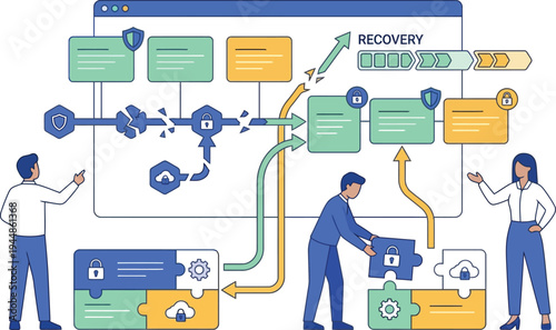 A vector graphic illustration of people working together on a data recovery flowchart