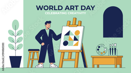 A vibrant illustration of a man celebrating World Art Day with a canvas and paintbrushes