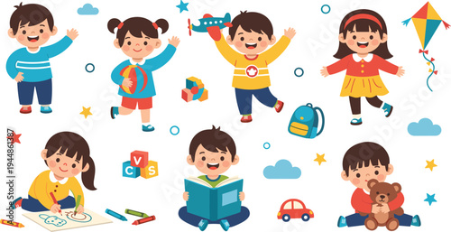 Happy Kids Cartoon Characters Vector Set Featuring Children Playing, Drawing, Reading, Flying Kite, Toy Airplane and Fun Childhood Activities.