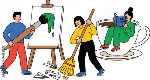 A colorful illustration of three people engaging in creative and cleaning activities in a playful scene.