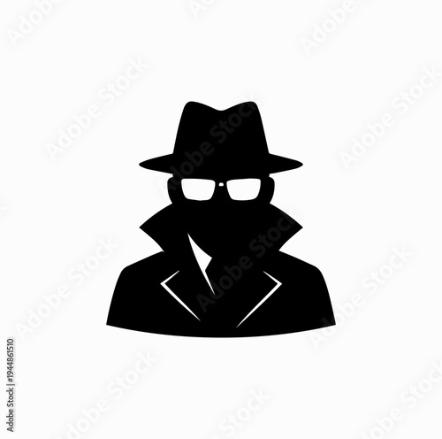 Secret Agent Spy Silhouette with Hat and Glasses Espionage Concept