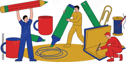 A colorful illustration of three people working with oversized office supplies and stationery items