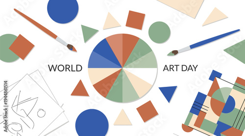 A colorful vector graphic celebrating World Art Day with a pie chart and art supplies