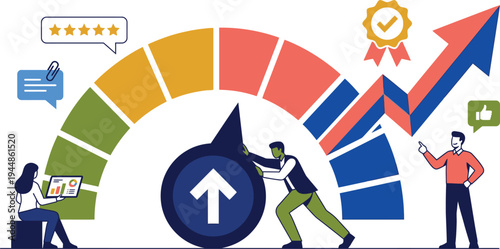 A colorful vector graphic illustrating business growth and customer satisfaction with a gauge and people interacting