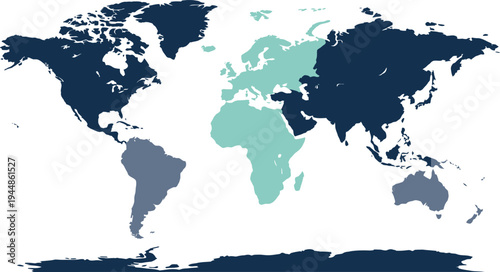 A colorful vector graphic illustration of a world map with various shades of blue and green