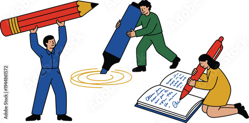 A colorful vector illustration of three people working together with giant pencils and a marker