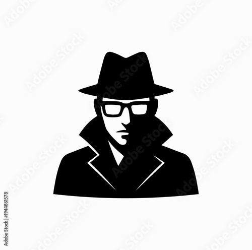 Secret Agent Spy Silhouette with Hat and Glasses Espionage Concept