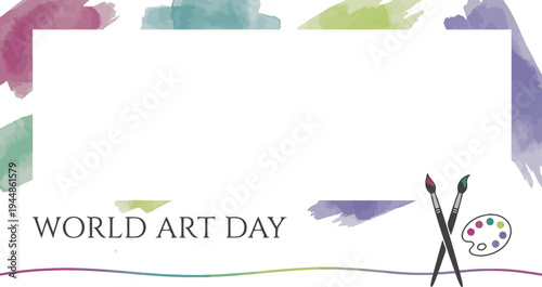 A colorful World Art Day template with paintbrushes and palette on a watercolor background