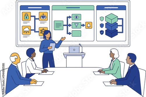 A diverse group of business professionals engaged in a meeting with a presentation on a large screen