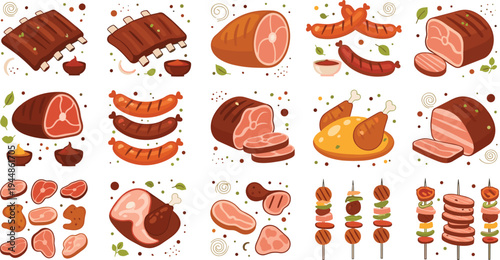 Large set of meat product vector illustrations including grilled ribs sausages steak ham and skewers with dipping sauces isolated on white background.