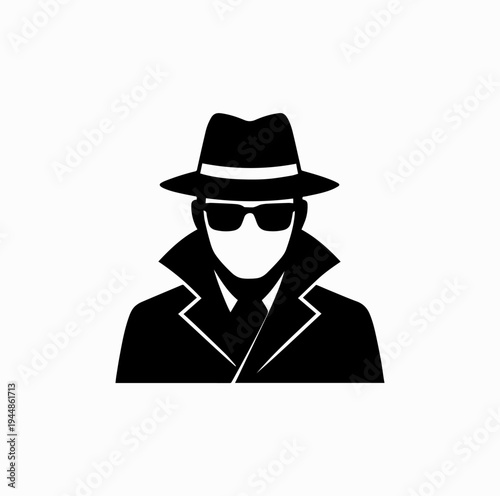 Secret Agent Spy Silhouette with Hat and Glasses Espionage Concept