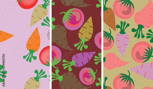 Seamless abstract vegetable pattern with carrots tomatoes and beetroot in retro style, colorful repeating composition in green orange red and brown tones with flat design