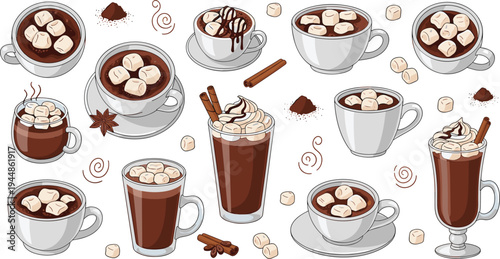 Flat vector illustration set of hot chocolate and cocoa drinks with marshmallows whipped cream and cinnamon sticks isolated on white background.