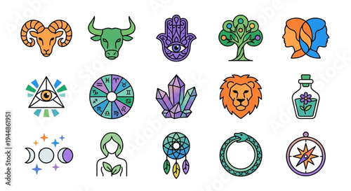 Modern mysticism and zodiac signs collection, esoteric astrological symbols, magic celestial elements vector.