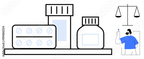 Medicine, legal regulations, healthcare guidance, prescriptions, ethics, pharmaceutical industry. Bottles, pills and person with justice scale. Legal regulations and healthcare guidance concept