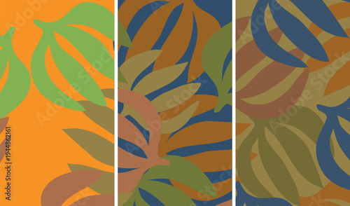 Seamless abstract tropical leaf pattern with bold organic shapes in retro style, repeating botanical forms in orange green blue and brown tones with flat composition