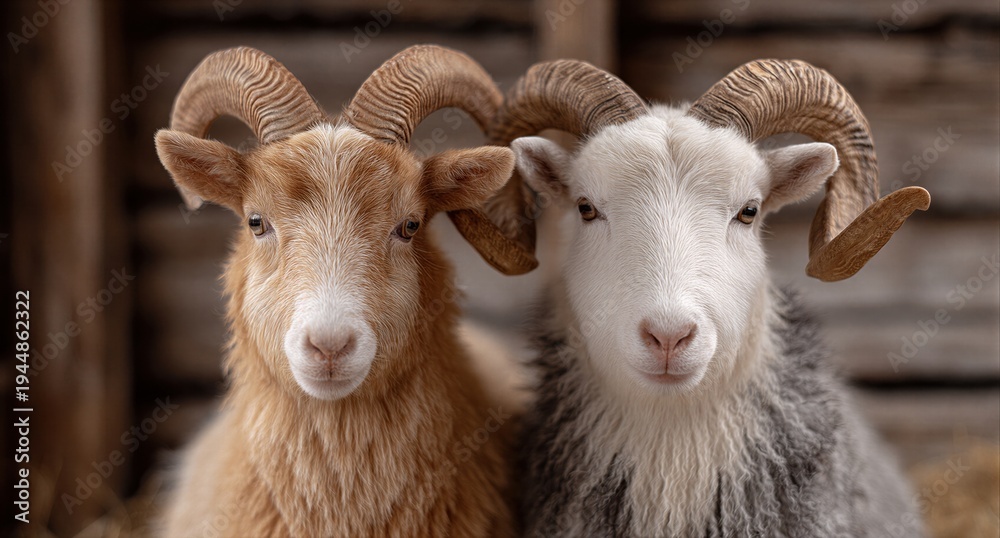 Obraz premium Two rams with large curled horns looking at camera. Close up portrait of sheep in a barn. Farm animals livestock pair on a ranch