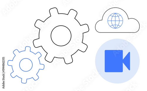 Cloud technology, video streaming, online services, digital innovation, connectivity, software development. Gears, cloud symbol with globe video icon. Cloud technology and video streaming concept