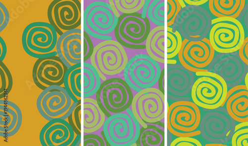 Seamless abstract spiral pattern with colorful swirling shapes in retro style, playful repeating circular lines in green orange and purple tones with bold flat composition