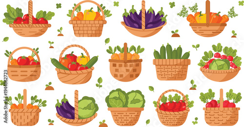 Collection of flat vector illustrations featuring wicker baskets filled with fresh harvest vegetables like tomatoes carrots eggplants and peppers isolated on white.
