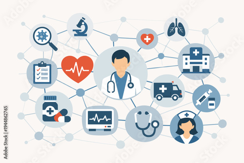 Comprehensive Medical Healthcare Network Illustration with Flat Icons of Doctor, Nurse, Hospital, Ambulance, Stethoscope, Heart, and Medicine for Professional Health and Wellness Concepts.
