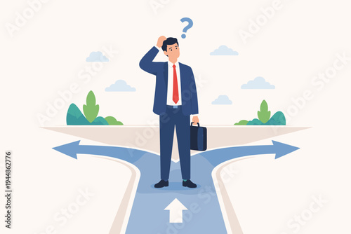 Confused businessman standing at a crossroads with a question mark, feeling uncertain about choosing the right path for career growth or business strategy. Flat vector concept illustration.