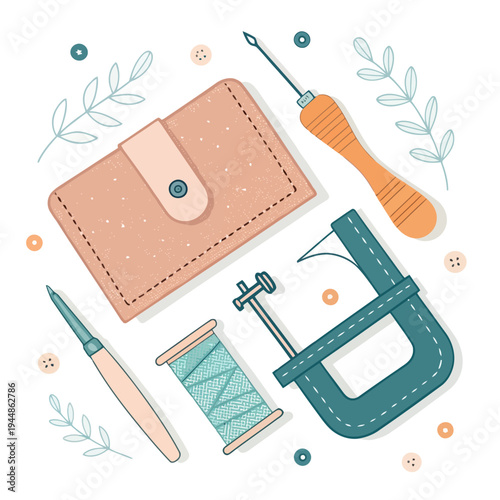 Handmade leather wallet and crafting tools illustration with decorative elements