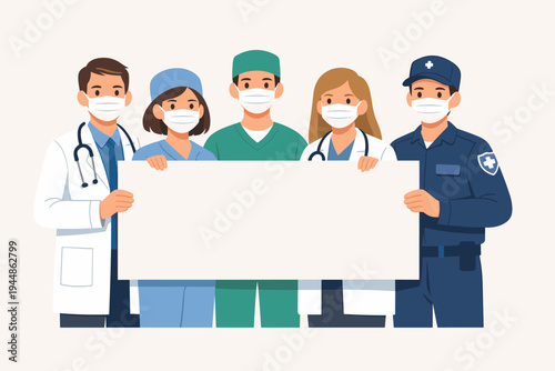 Vector illustration of a diverse medical team of doctors, nurses, and surgeons wearing protective face masks and holding a large blank white banner for public health messages and advice.