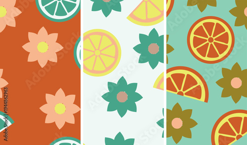 Seamless abstract pattern with citrus slices and simple floral shapes in retro style, colourful repeating lemons and oranges in green orange and teal tones with flat composition