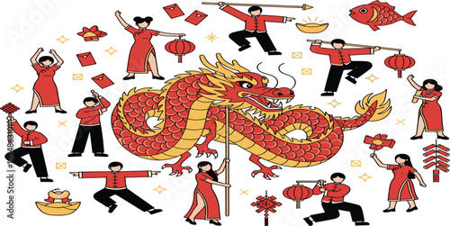 Chinese New Year Celebration Illustration with Dragon Dance, Traditional Costumes, Lanterns, Red Envelopes, Firecrackers, and Festive Cultural Symbols Vector Design