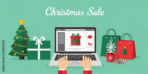 Christmas Sale Online Shopping Concept with Laptop, Holiday Gifts, Shopping Bags and Festive Decorations Representing Ecommerce Holiday Discounts and Seasonal Retail