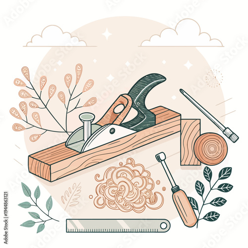 Traditional Woodworking Craft Illustration with Hand Plane, Shavings, and Various Hand Tools for Carpentry Hobbies