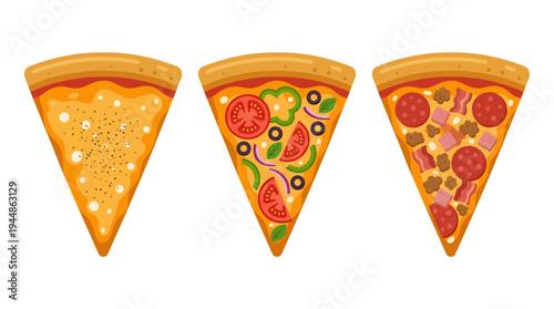 Three delicious slices of pizza, each with different toppings and a light dusting of spices, showcasing a variety of flavors and ingredients