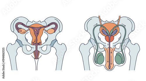 Anatomical illustrations of the female and male reproductive systems within the pelvic bone structure