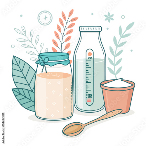 Refreshing Homemade Dairy Products Collection with Milk and Yogurt in Jars and Botanical Accents, Natural and Wholesome Food Illustration