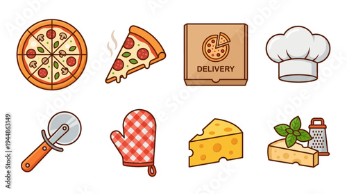 Delicious Pizza Icon Set Featuring Ingredients and Accessories for Culinary Themes