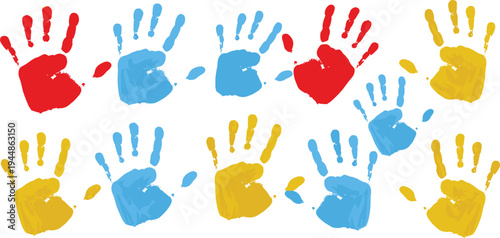 Colorful Painted Handprint Pattern Background with Red Blue and Yellow Hand Prints for Kids Art, Creativity, Education, and Fun Vector Design