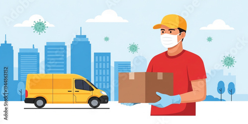 Contactless Delivery Service During Pandemic with Masked Courier Holding Package and Delivery Van in City Representing Safe Shipping, Logistics and Online Orders