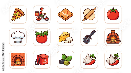 Collection of pixel art food icons, featuring pizza ingredients, cooking tools, and delivery elements for a restaurant or pizzeria theme