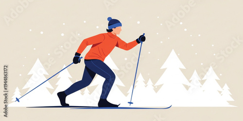 Cross Country Skiing Winter Sport Illustration with Athlete Skiing in Snowy Forest Landscape Representing Outdoor Adventure, Cold Weather Activity and Healthy Lifestyle