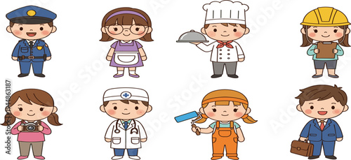 Cute Kids Profession Characters Set Featuring Police Officer, Teacher, Chef, Engineer, Photographer, Doctor, Painter, and Businessman Cartoon Vector Illustration