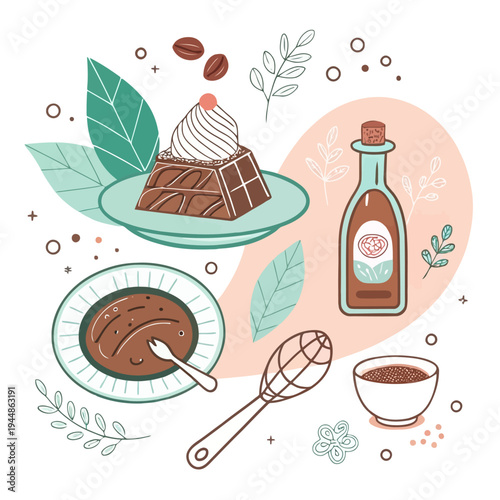 Artistic illustration of gourmet chocolate dessert with coffee accents, baking tools, and sweet ingredients, celebrating the joy of culinary creations