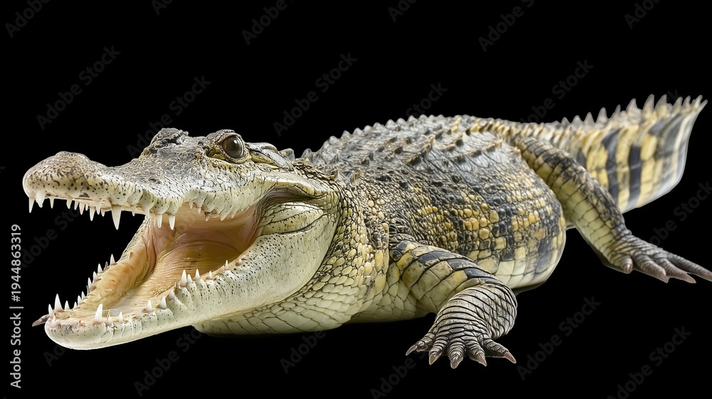 Naklejka premium Powerful crocodile with its mouth wide open revealing sharp white teeth, isolated against a solid black background. Detailed view of the scaly skin and predatory features of this large reptile