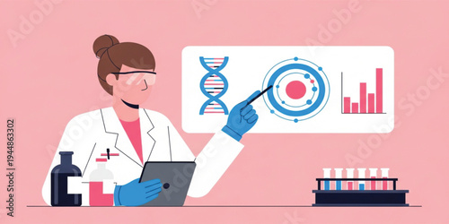 Female Scientist Analyzing DNA Structure and Molecular Data in Laboratory with Test Tubes Representing Biotechnology Research, Genetic Science and Medical Innovation