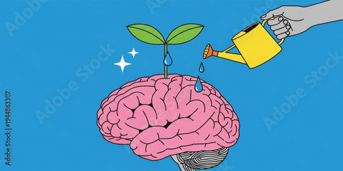 Mental Growth and Brain Development Concept with Watering Can Nourishing Plant Growing from Brain Symbolizing Learning, Self Improvement, Knowledge, and Psychological Wellbeing