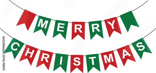Merry Christmas Banner Bunting with Red and Green Holiday Flags Festive Decoration Garland Vector Illustration for Winter Celebration, Party Decor, and Greeting Designs