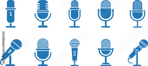 Microphone Icon Set with Retro and Modern Audio Recording Mics for Podcast, Music Studio, Broadcasting, Karaoke, and Sound Equipment Vector Collection