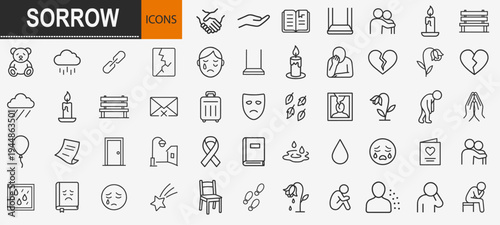 Sorrow and grief emotional icons set, outline symbols for sadness mourning mental health loss and psychological support vector illustration