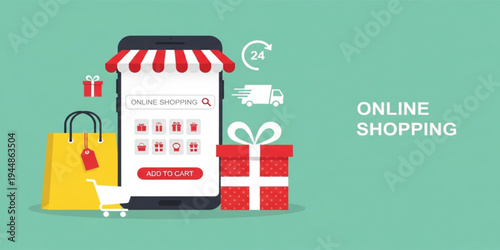 Mobile Online Shopping Application with Smartphone Storefront, Gift Boxes, Shopping Bag and Fast Delivery Icons Representing Ecommerce Retail and Digital Purchase Concept