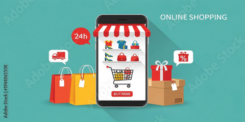 Mobile Online Shopping Concept with Smartphone Storefront, Shopping Bags, Gift Box, Discount Offer and Fast Delivery Representing Ecommerce Retail Platform